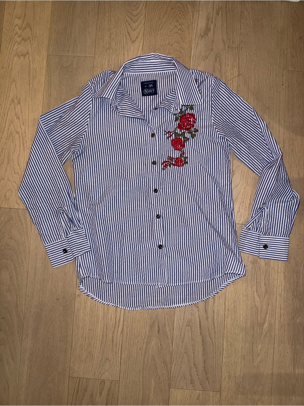 Striped Button-Up Shirt with Red Rose Embroidery - Navy